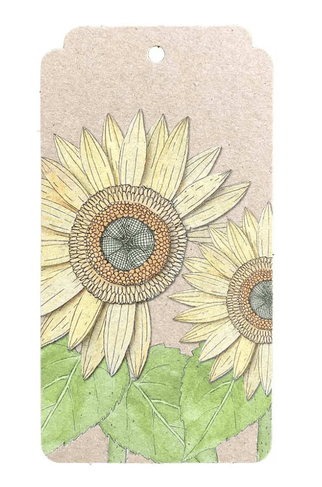 A Sow n Sow gift tag with two sunflowers on it.