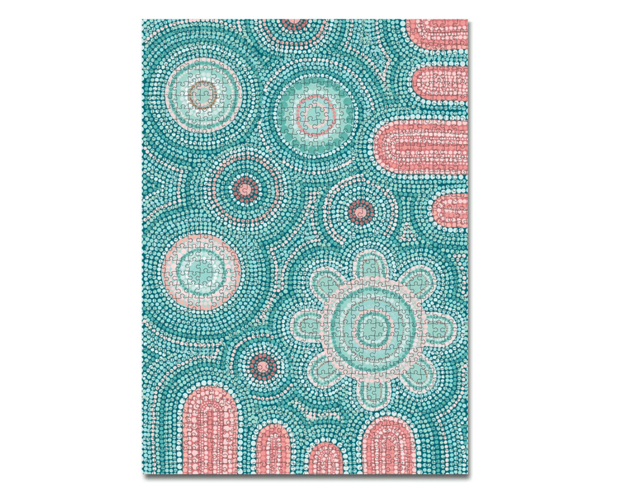 A teal and pink 1000 Piece Puzzle - Giwaa-Yubaa with an aboriginal design on it, by Journey of Something.