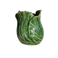 Thumbnail for The Mediterranean Markets Cabbage Vase Medium is a green vase shaped and textured like a cabbage leaf, with wavy edges and detailed veins—ideal for unique floral arrangements—shown against a white background.