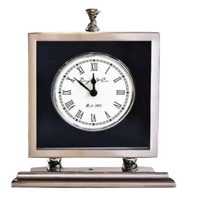 Thumbnail for A Nickel and Black Mantel Clock with roman numerals on a stand. The brand name is Flair Gifts.