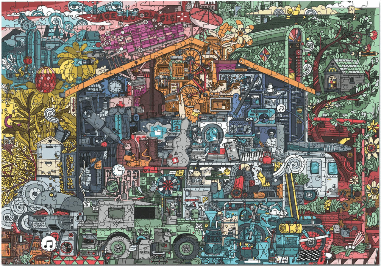 A 500 Piece Puzzle - Man Cave by Journey of Something, of a house with many different things on it.