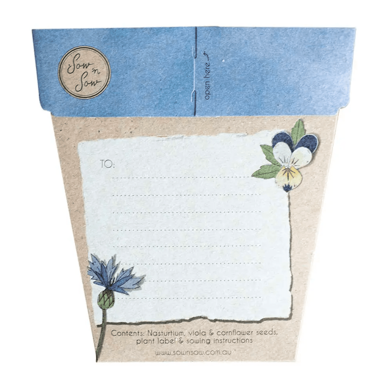 A blue flower pot with a note inside containing Seeds - Culinary Flowers by Sow n Sow.
