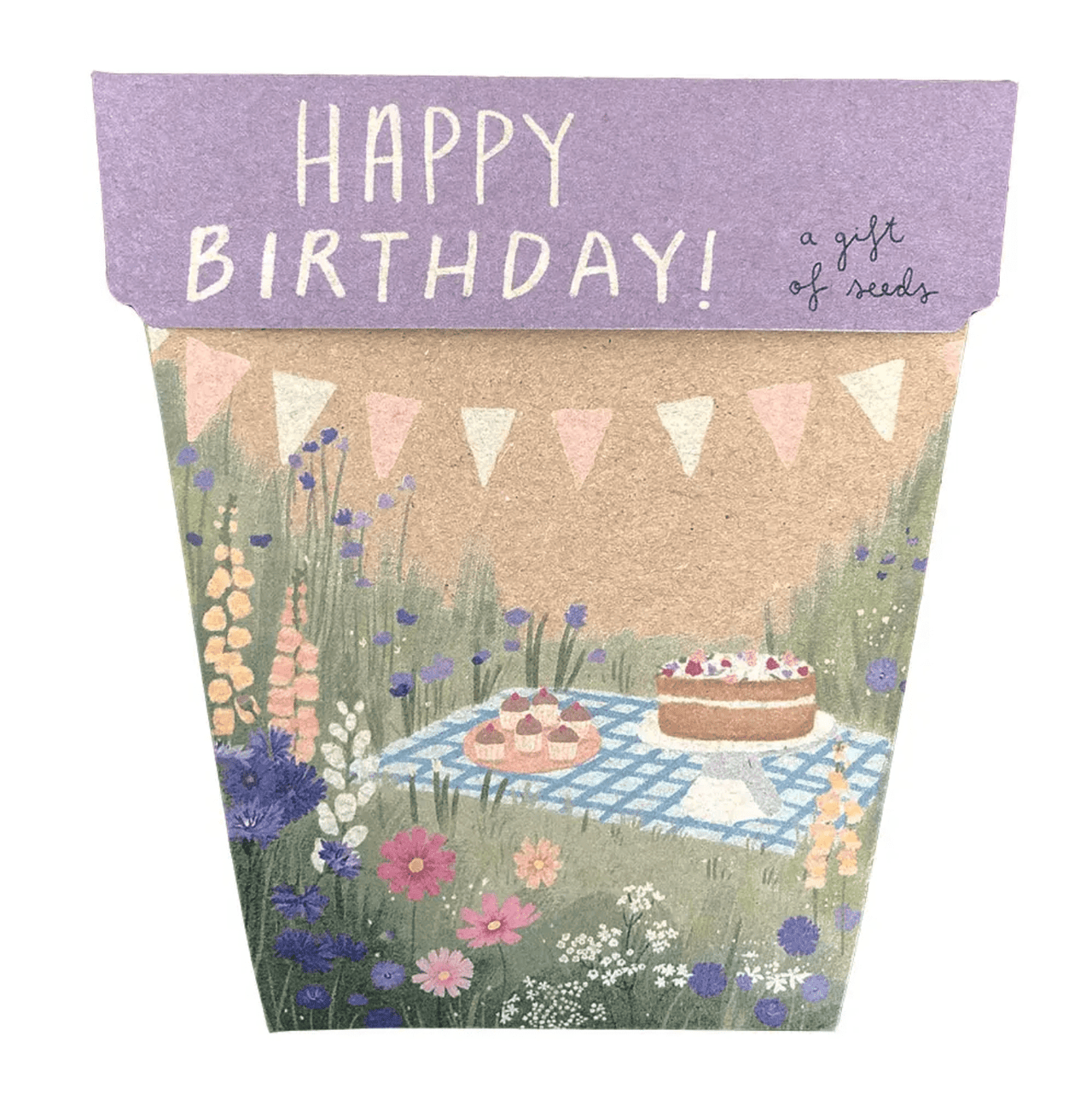 A Seeds - 'Happy Birthday' Picnic from Sow n Sow with a cake and flowers in a pot.
