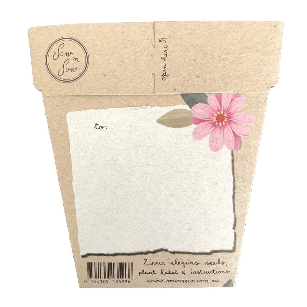 A plant pot with Seeds - 'Happy Birthday to You' Zinnia by Sow n Sow on it.