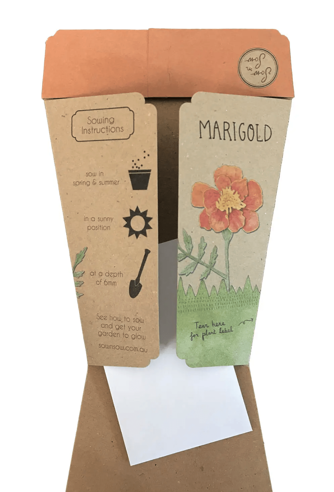 A Sow n Sow cardboard box with Marigold seeds and a note inside.