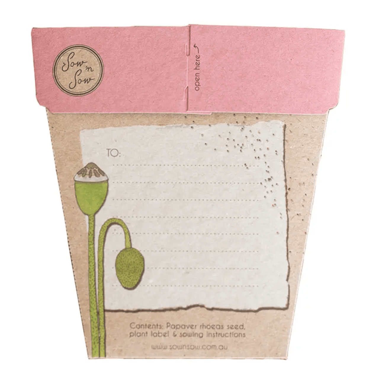 A pink flower pot with a note inside, containing Sow n Sow Poppy seeds.