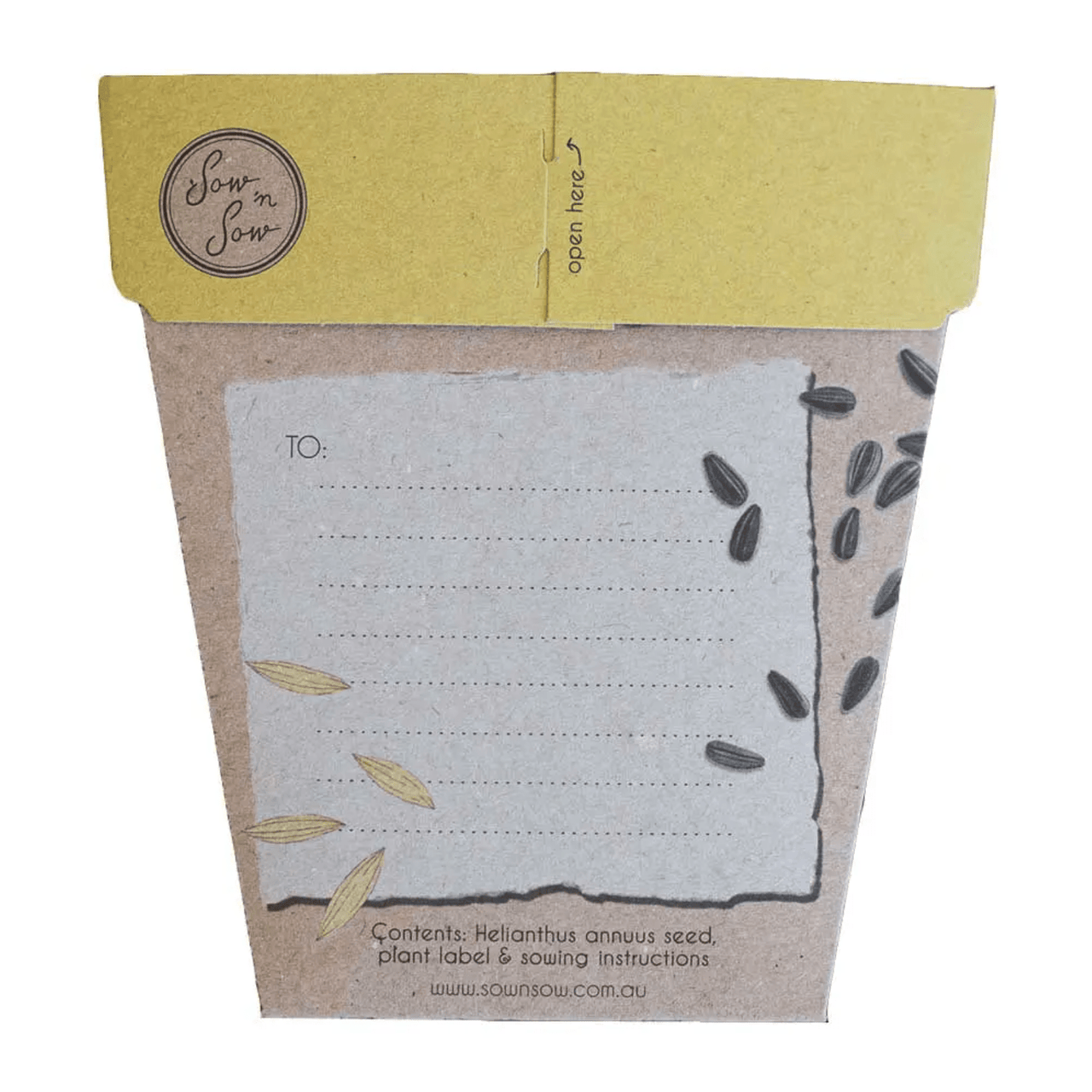 A yellow seed packet with a note inside featuring the Seeds - Sunflower from Sow n Sow.
