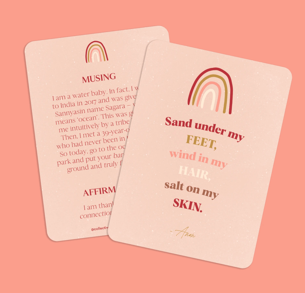 A Collective Hub pink card with the words "sand under my feet, wind my hair, salt on my skin" from the Affirmations to Guide Your Journey - Box Card Set.