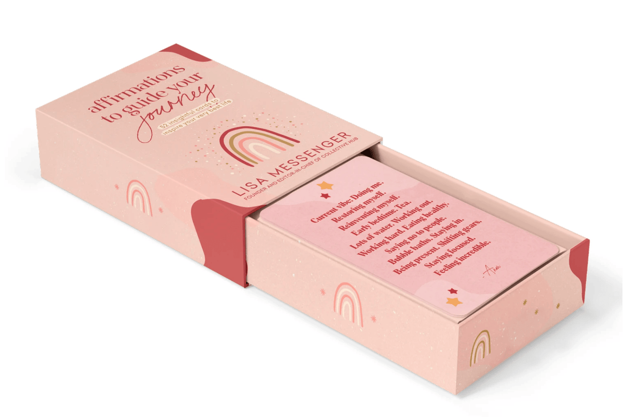 A Collective Hub Affirmations to Guide Your Journey - Box Card Set with a pink card in it.