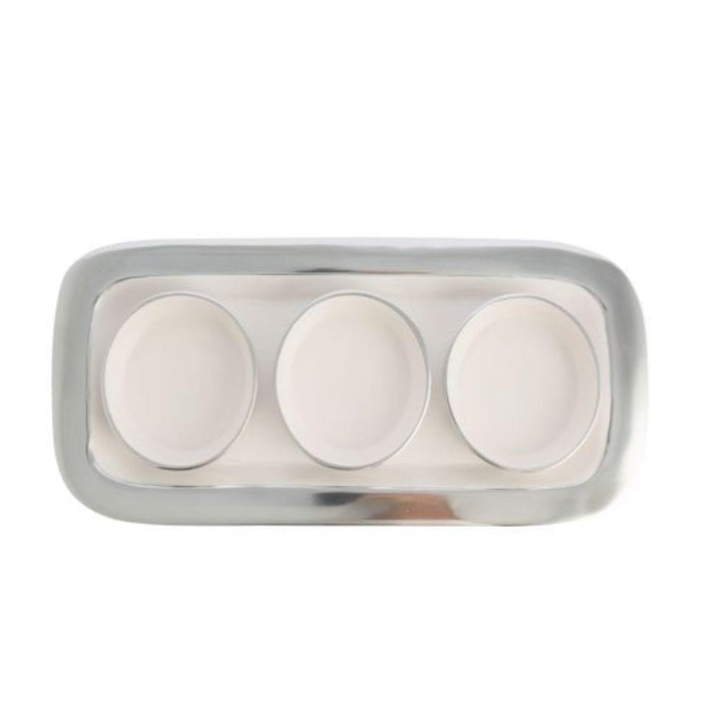 A tray with three H&G Living Aluminium / Enamel Condiment Bowls with Tray (Set of 3) on a white surface.