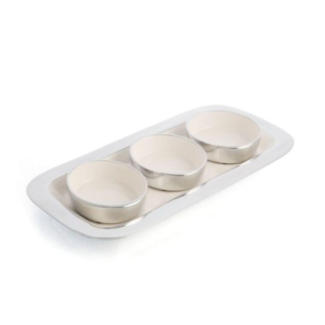 Three Aluminium / Enamel Condiment Bowls with Tray (Set of 3) by H&G Living on a white background.