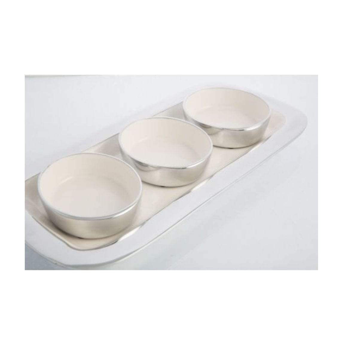 Three Aluminium / Enamel Condiment Bowls with Tray (Set of 3) by H&G Living on a white surface.
