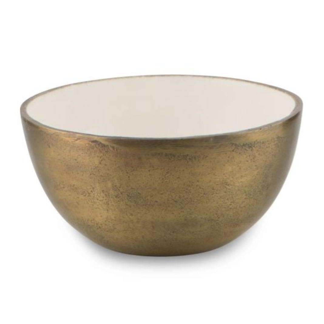 An Aluminium and Enamel Round Bowl - Small with white rim on a white background by H&G Living.