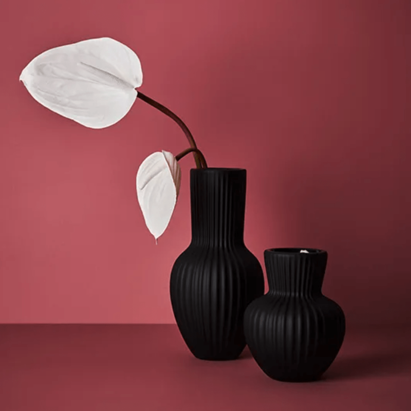 Two Annix Tall Vases - Black by Floral Interiors on a red background.
