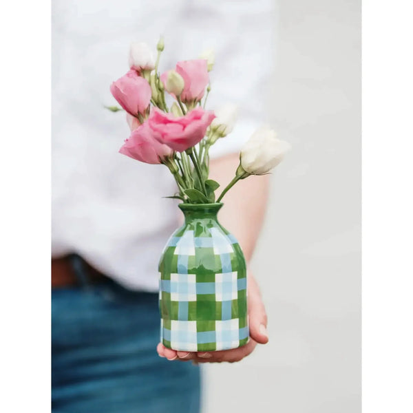 Bud Vase - Emerald Green & Cornflower Blue Gingham-decorative-vase-House-of-Dudley
