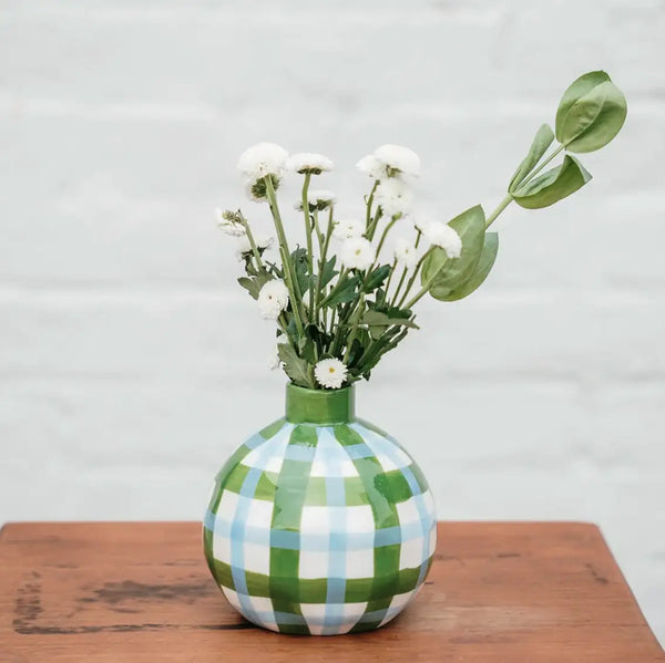 Bud Vase Round - Emerald Green & Cornflower Blue Gingham-decorative-vase-House-of-Dudley