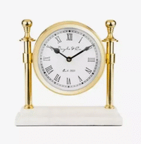 Thumbnail for A Column Clock with White Marble Base - Gold, brand by Flair Gifts, with roman numerals.
