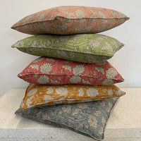 Thumbnail for Four Linen Cushions - Classic Block Print - Pink by Ruby Traders stacked on top of each other.