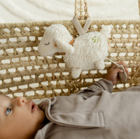Thumbnail for A baby in a woven bassinet reaches up to the Pilbeam FehnNATUR Mini Musical Sheep, made of organic cotton, gazing as it gently plays Brahms’ lullaby above.