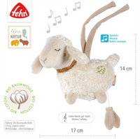 Thumbnail for The FehnNATUR Mini Musical Sheep by Pilbeam is a soft, plush lamb made of organic cotton in cream and beige, measuring 14cm tall and 17cm long. It plays Brahms’ lullaby and features eco-friendly icons with the Fehn Natur logo.