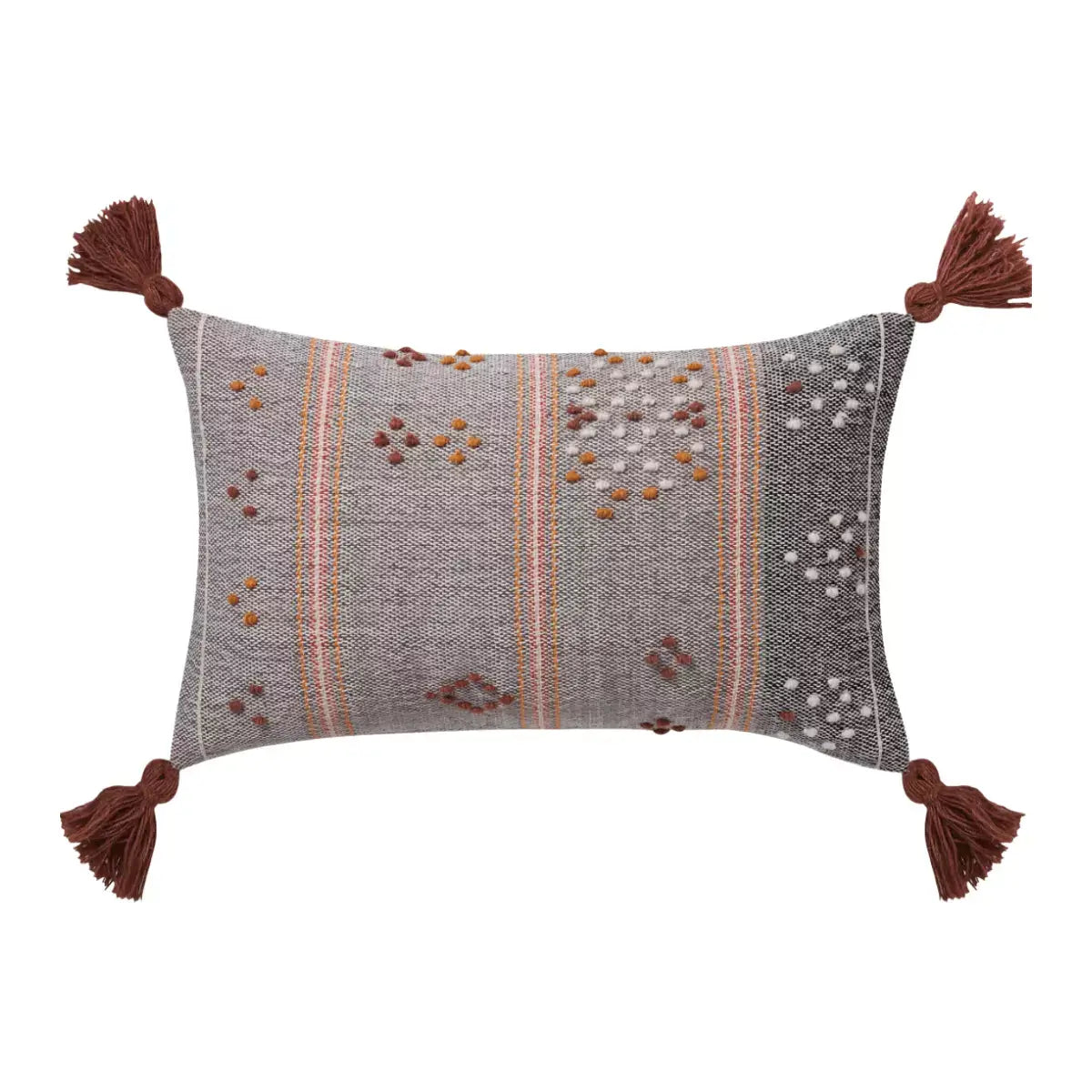 A Mya Mini Cushion by L&M Home, in grey and brown, with tassels.
