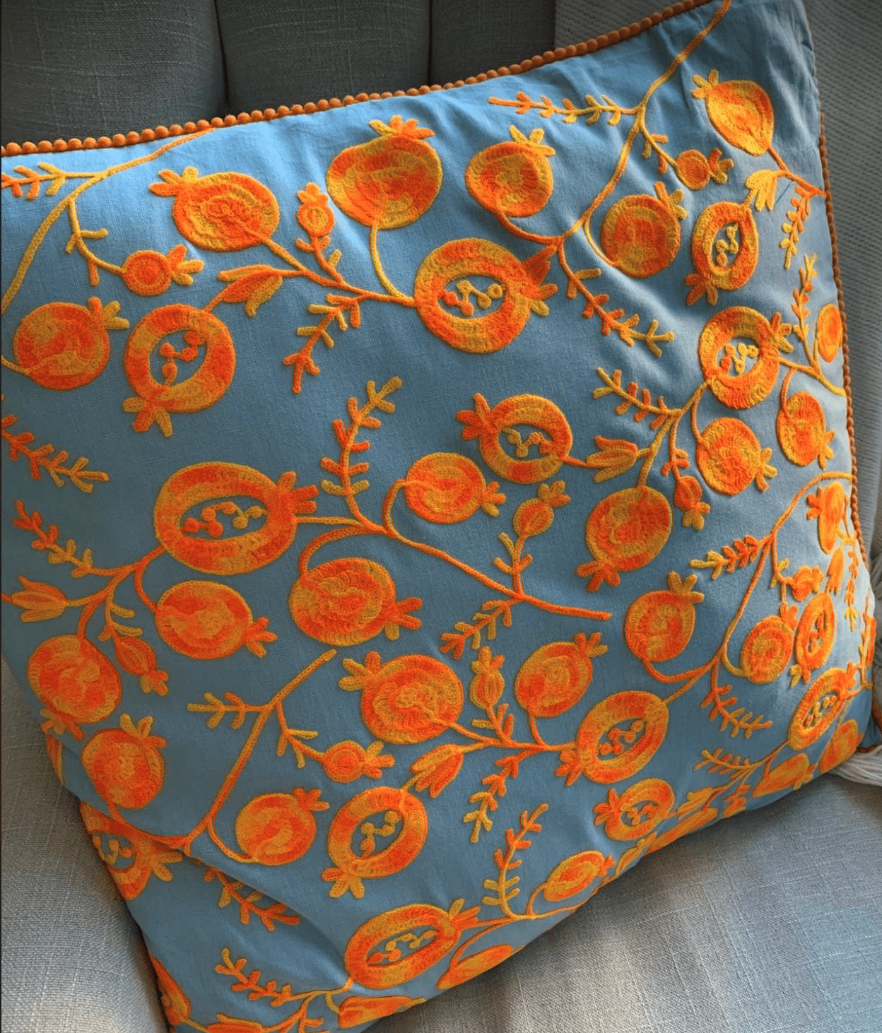 Ruby Traders Pomegranate Cushion - Pale Blue / Orange embroidered pillow.