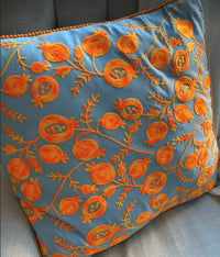 Thumbnail for Ruby Traders Pomegranate Cushion - Pale Blue / Orange embroidered pillow.