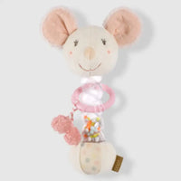 Thumbnail for The Pilbeam Fehn Rainmaker Mouse is a soft, plush baby rattle with big pink ears, embroidered face, pink ring, clear bead section for sensory play, and a polka-dot base—perfect for baby showers.