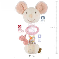 Thumbnail for The Pilbeam Fehn Rainmaker Mouse is a plush baby rattle with large ears, a pink grasping ring, and clear rattle filled with colorful beads for sensory play. It measures 19 x 11 cm and features an exciting glow-in-the-dark effect.