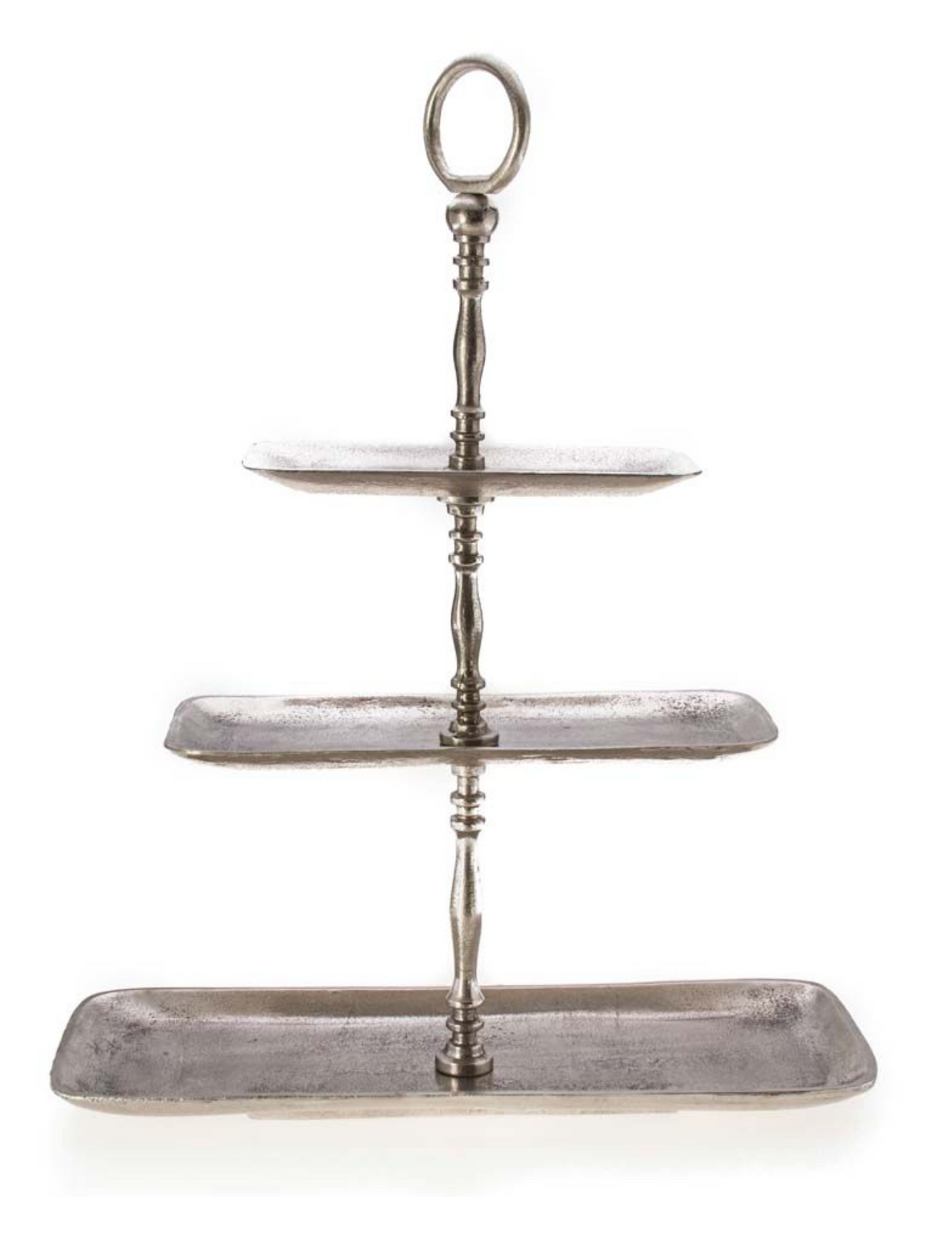 A H&G Living Fruit Stand Antique Silver Aluminium 3-Tier on a white background.
