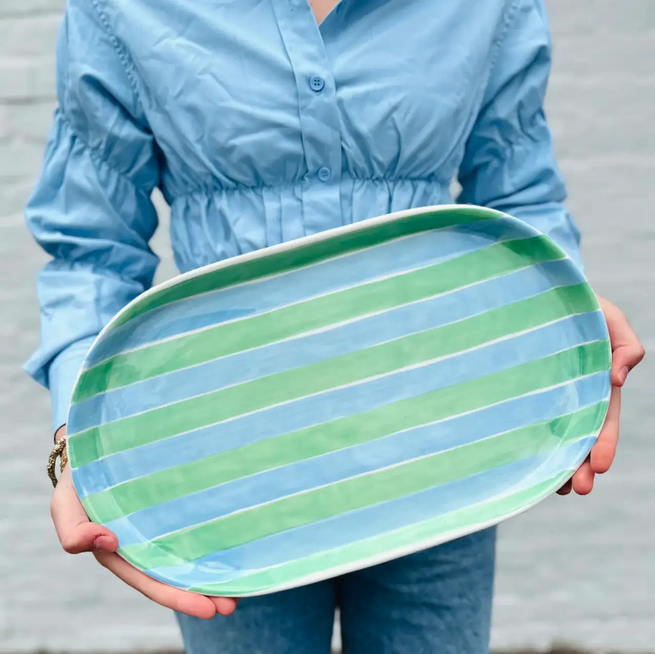 Oval Platter - Blue & Mint Green Stripe