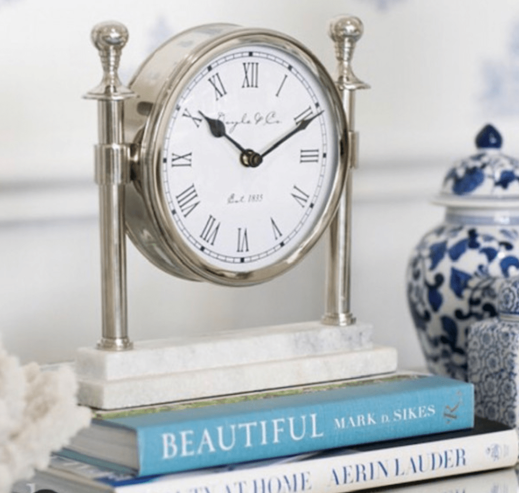 Silver Column Clock with White Marble Base House of Dudley