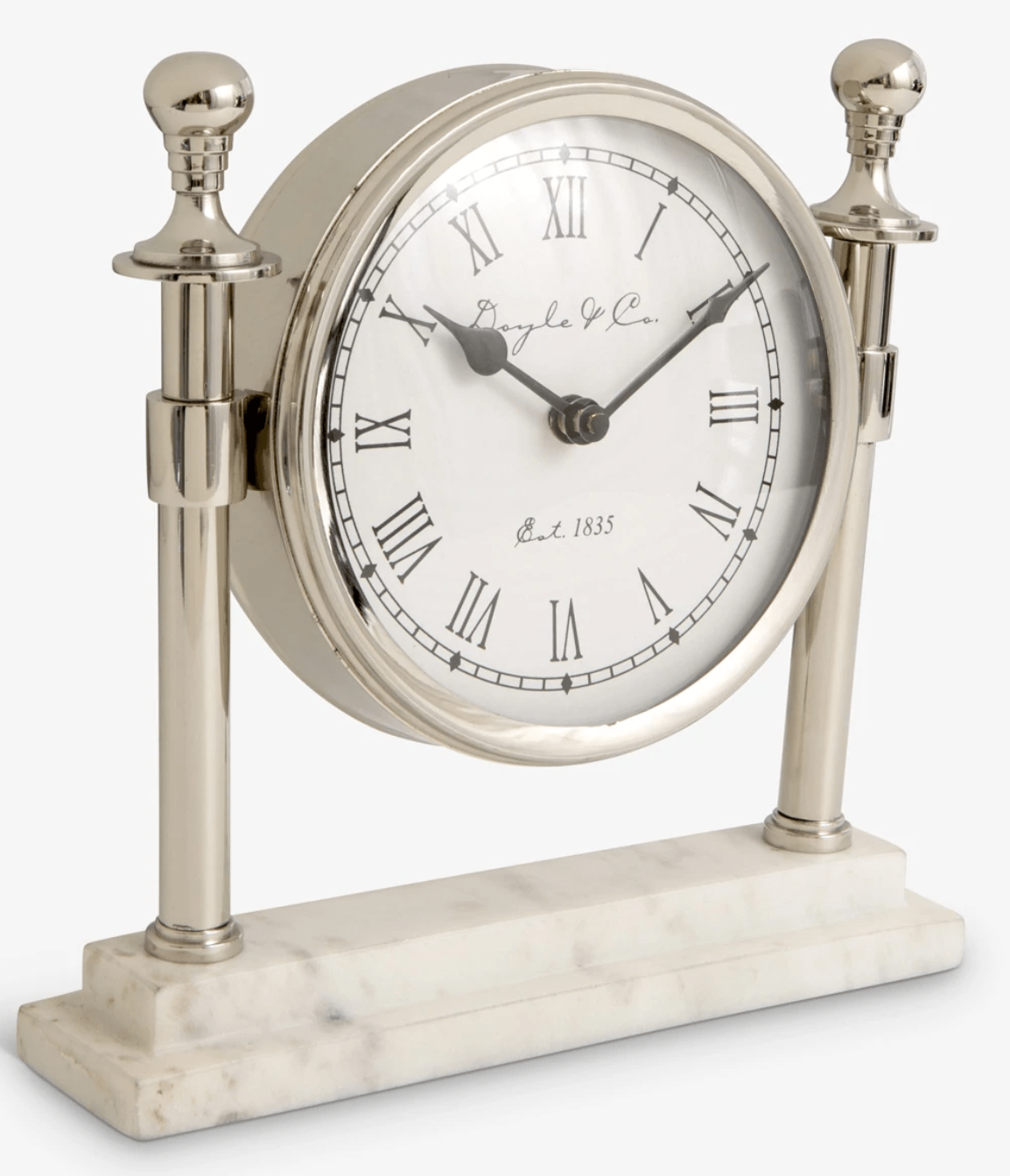 Silver Column Clock with White Marble Base House of Dudley