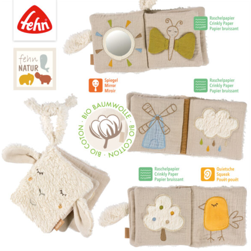 The Pilbeam FehnNATTUR Soft Book Sheep is a soft organic cotton baby book with crinkly paper, a mirror, and cute animal designs like butterfly and sheep. Labeled as a sensory activity toy and made from bio cotton—perfect as a baby gift.