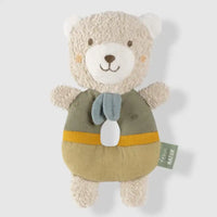 Thumbnail for The Pilbeam FehnNATUR Soft Ring Rattle Bear is a plush organic cotton bear with a round body, beige head and arms, blue scarf, and embroidered face—a charming baby gift that fosters early motor skills.