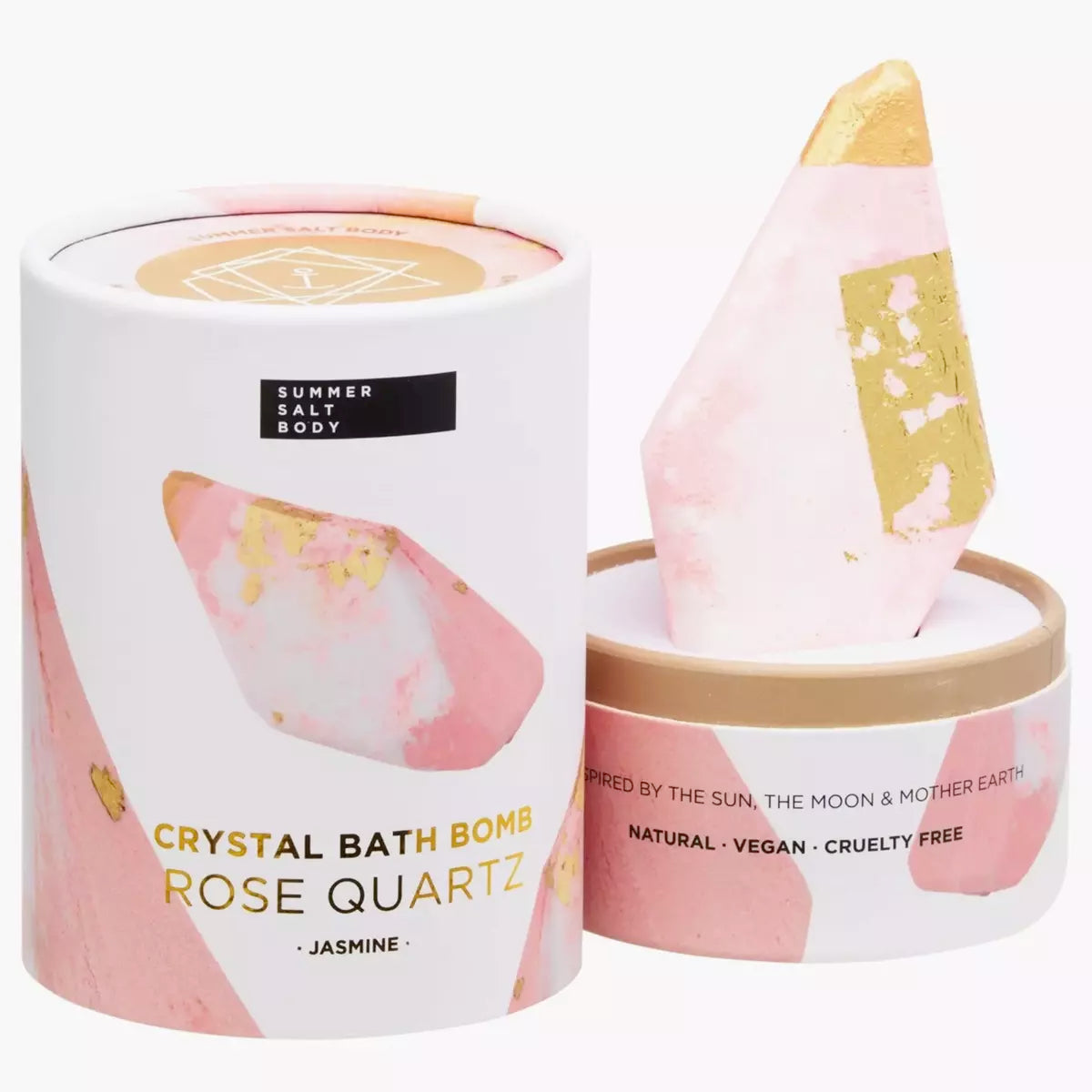 Experience a luxurious spa treatment with our Crystal Bath Bomb - Rose Quartz - Jasmine from Summer Salt Body. Enjoy the soothing effects as the bath bomb dissolves, releasing the beautiful rose quartz crystals.