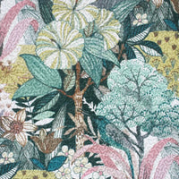 Thumbnail for A LaVida bedspread with a leaf pattern of vibrant jungle flowers.