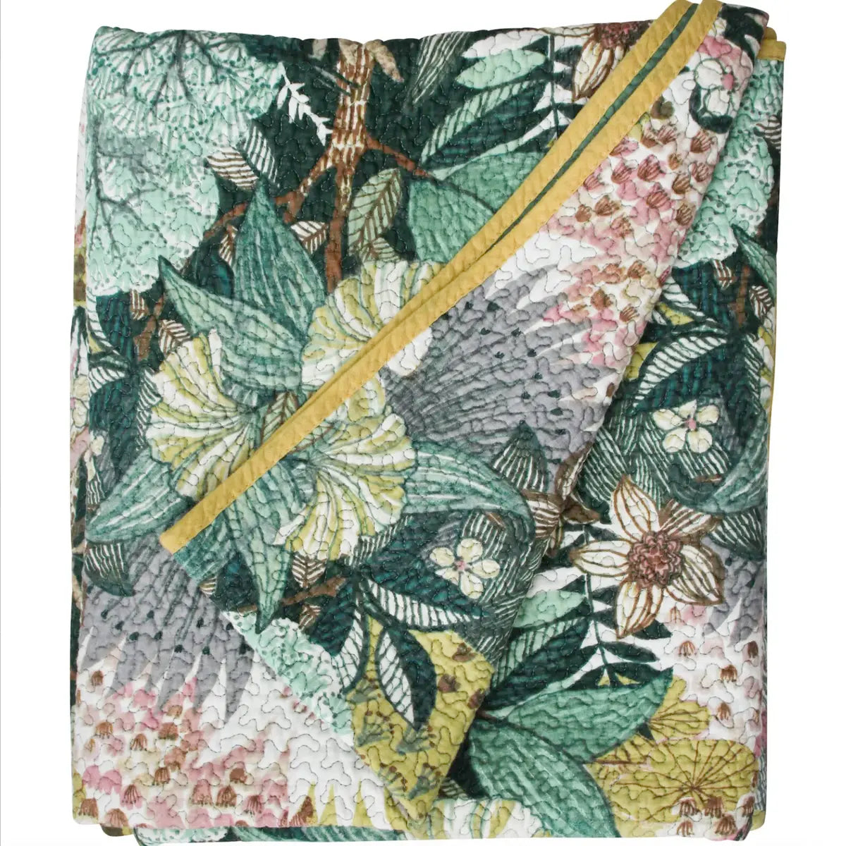 A LaVida Quilted Bedspread - Jungle Flowers with a jungle flower and leaf pattern.