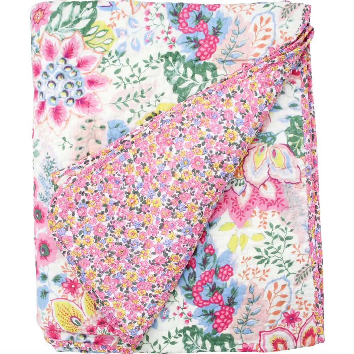 A LaVida Quilted Bedspread - Springtime with a floral pattern folded on top of a white background.