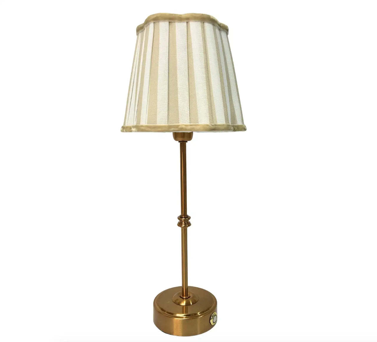 Striped lampshade with pink and white stripes on a gold base on a white background