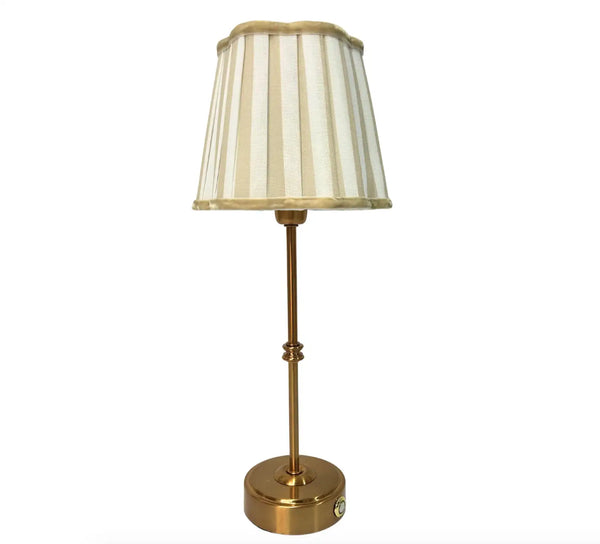 Striped lampshade with pink and white stripes on a gold base on a white background