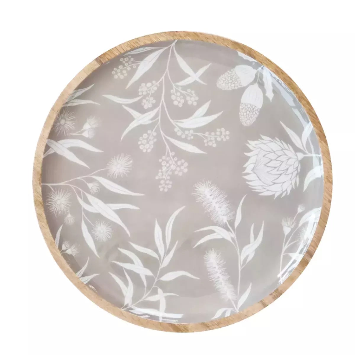 A Bindi Round Serving Tray, made from natural materials, featuring a native design of eucalyptus leaves on a grey and white plate by j.elliot.