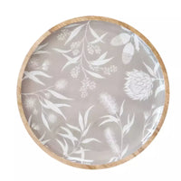 Thumbnail for A Bindi Round Serving Tray, made from natural materials, featuring a native design of eucalyptus leaves on a grey and white plate by j.elliot.