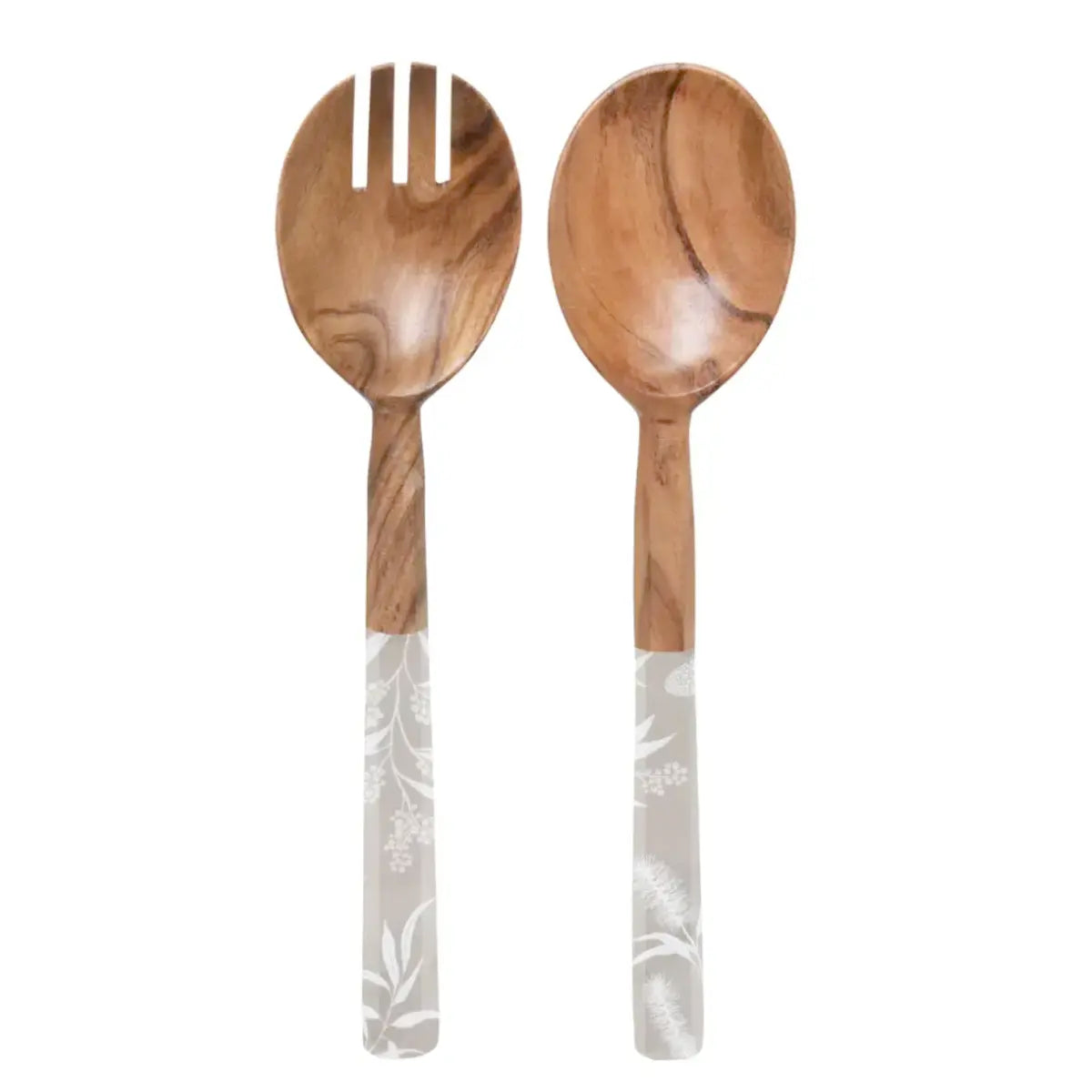 Two j.elliot Bindi Salad Servers with floral designs, crafted from sustainable mango wood.