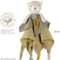 Thumbnail for The Pilbeam FehnNATUR Comforter Bear is a 35 cm soft plush bear made of organic cotton, featuring a cream bear head, grey-green and beige body, ribbon tags for sensory play, and a pacifier ring attachment.
