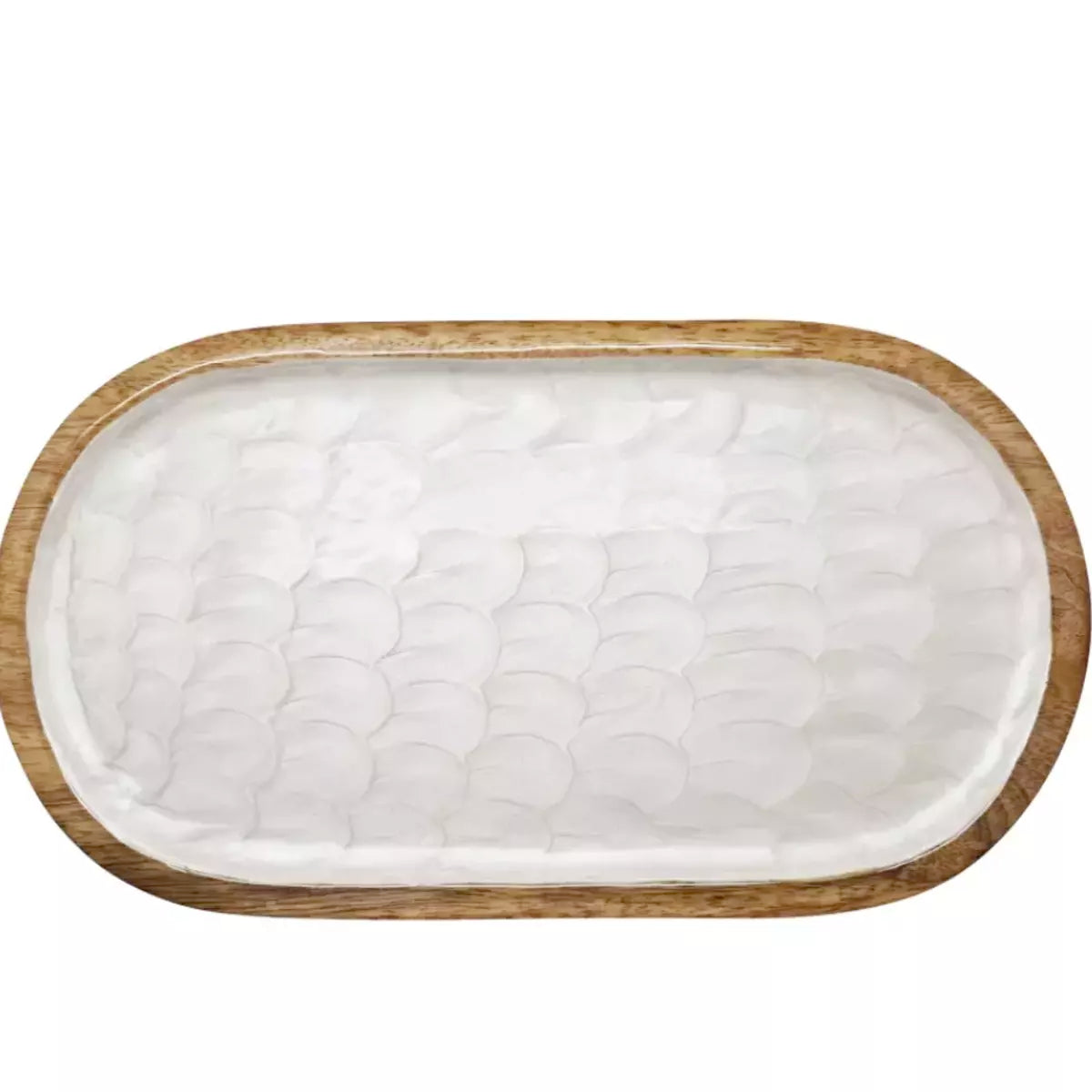A Como Oval Serving Tray with a j.elliot mango wood frame features an embossed pearl design.