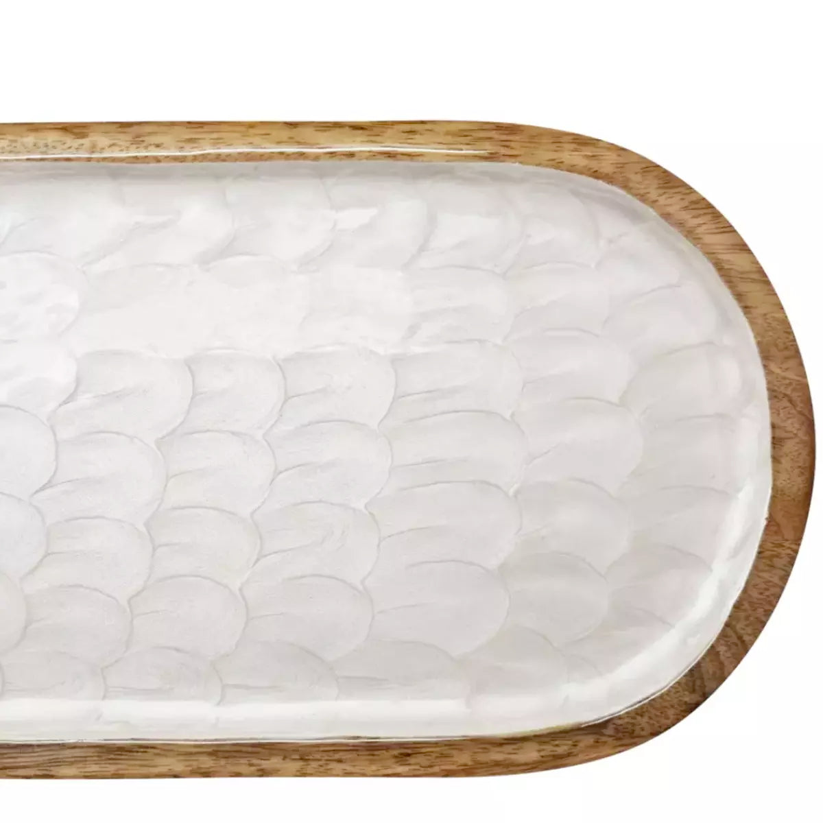 A white Como Oval Serving Tray with a wooden frame, featuring an embossed pearl design by j.elliot.