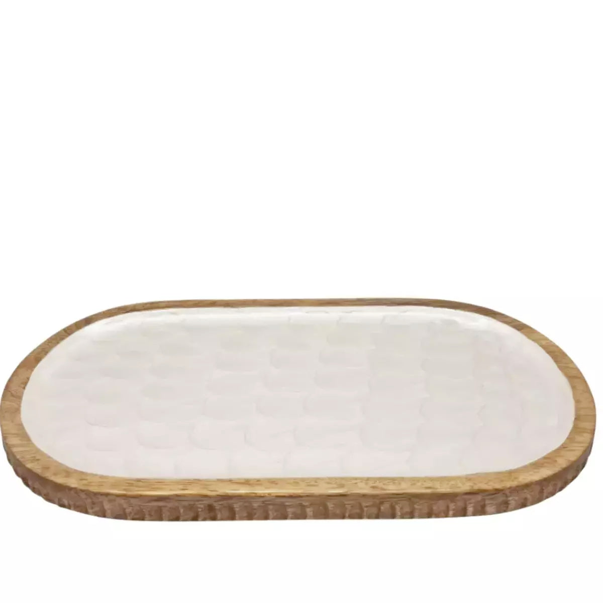A white oval tray with a wooden base featuring an embossed pearl design, the Como Oval Serving Tray by j.elliot.