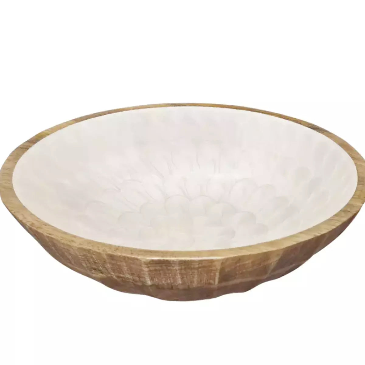 The j.elliot Como Salad Bowl is a white bowl with an embossed pearl design and a wooden rim.