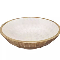 Thumbnail for The j.elliot Como Salad Bowl is a white bowl with an embossed pearl design and a wooden rim.